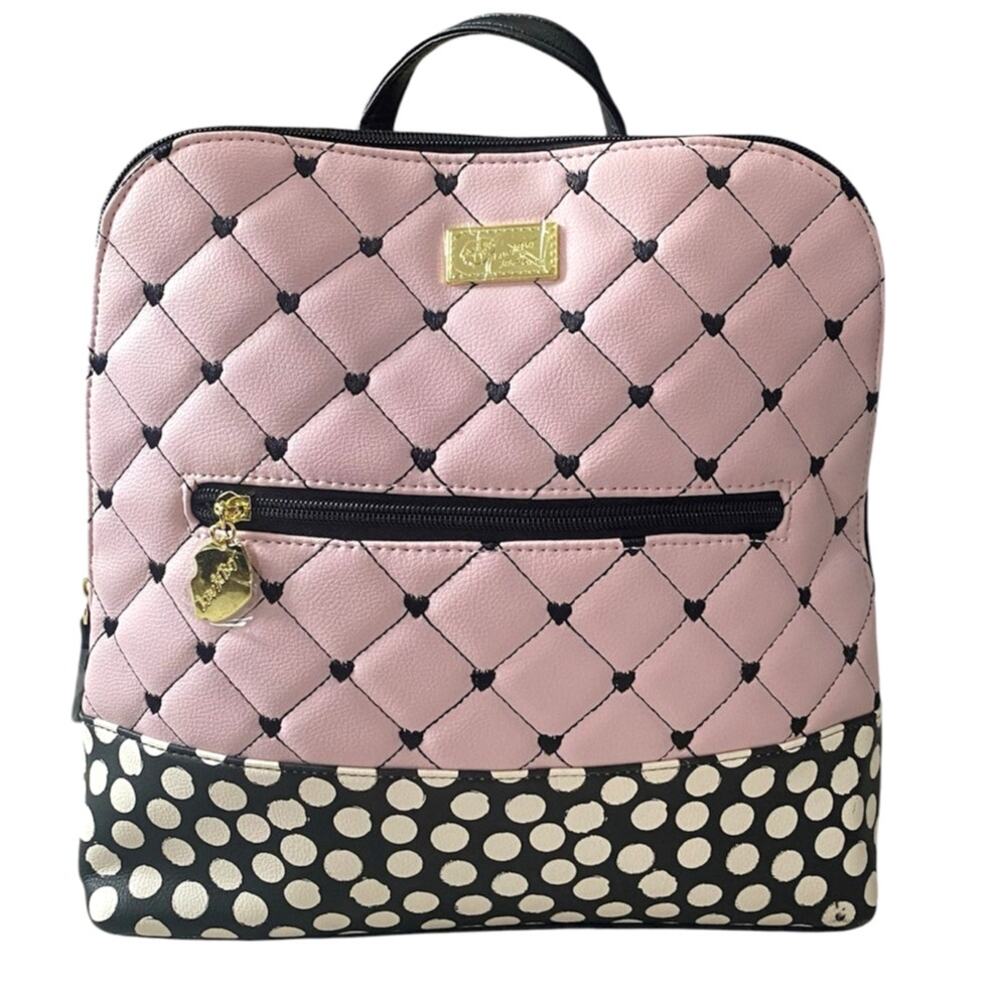 Luv Betsy Johnson Quilted Heart Polka Dot Mini Backpack Pink Black Kitsch - Picture 2 of 10